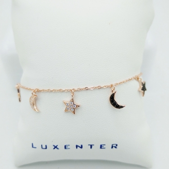 Pulsera de plata chapada en oro rosa con lunas y estrellas con circontas blancas y negras